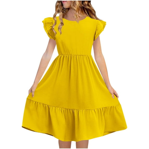 Loopsun Girls Summer Dresses, Kids Girls Summer Double Layer Ruffle Short Sleeve Dress Yellow 13-14 Years