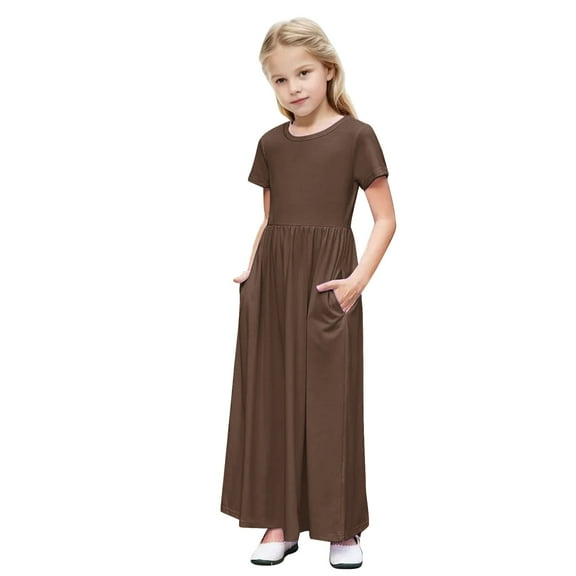 Loopsun Girls Summer Dresses, Toddler Kids Solid Short Sleeve Stretchy A Line Long Dress with Pocket Brown 7-8 Years