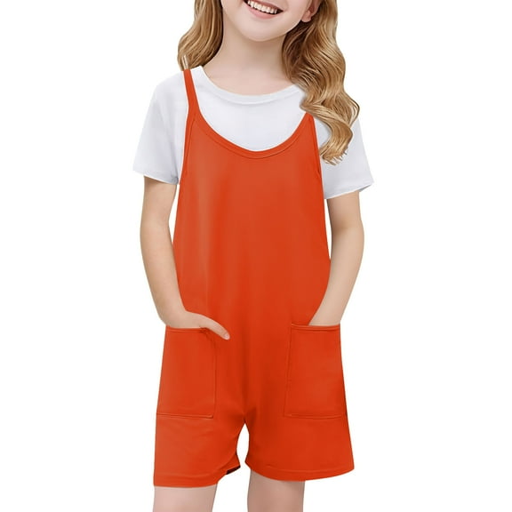 Loopsun Girls Summer Jumpsuits, Girls Summer Sleeveless Casual Romper Strap Shorts Jumpsuit with Pockets Orange 7-8 Years
