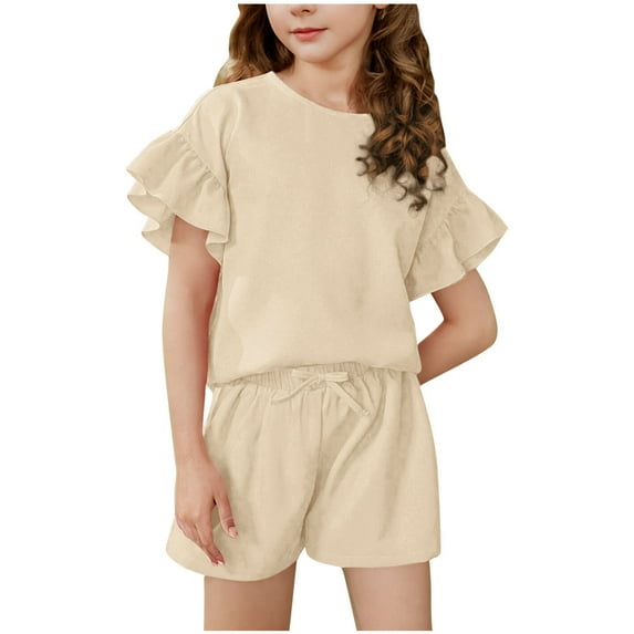 Loopsun Girls Summer Outfits, Children's Summer Solid Color Comfortable Short Sleeve Round Neck Blouses and Shorts Sets Beige 14-15 Years