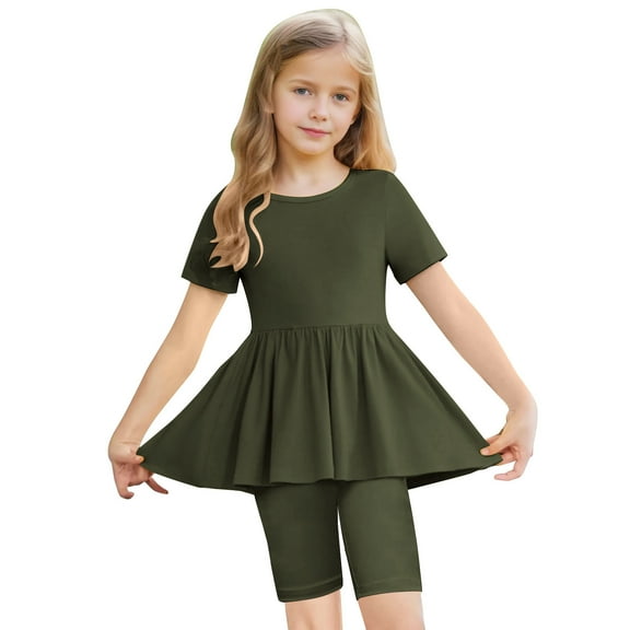 Loopsun Girls Summer Outfits, Toddler Kids Girls Fashion Solid Color Loose Soft Short Sleeve Top and Yoga Shorts Suit Army Green 6-7 Years