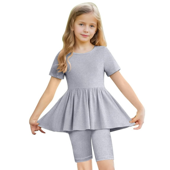 Loopsun Girls Summer Outfits, Toddler Kids Girls Fashion Solid Color Loose Soft Short Sleeve Top and Yoga Shorts Suit Gray 14-15 Years