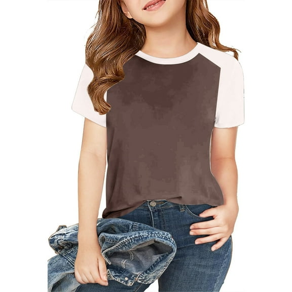 Loopsun Girls Summer Tops, Toddler Kids Girls Fashion Solid Splicing Soft Short Sleeve Pullover Top Coffee 8-9 Years