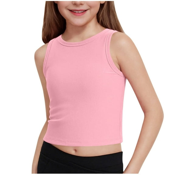 Loopsun Girls Summer Tshirts, Children Summer Solid T-shirt Base Shirt Round Neck Sleeveless Camisoles Pink 13-14 Years