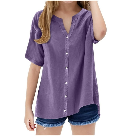 Loopsun Girls Summer Tshirts, Children's Solid Color Short Sleeve Casual Loose V Neck Top Purple 9-10 Years