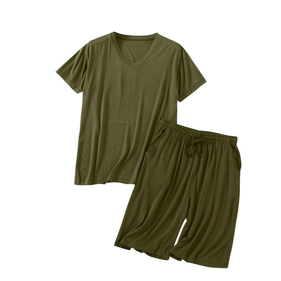 Loopsun Mens Pajamas Set, Men Fashion Solid Pajama Casual V Neck Short Sleeve Sleepwear Sets Army Green XXXL