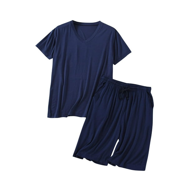 Loopsun Mens Pajamas Set, Men Fashion Solid Pajama Casual V Neck Short Sleeve Sleepwear Sets Navy XXXL