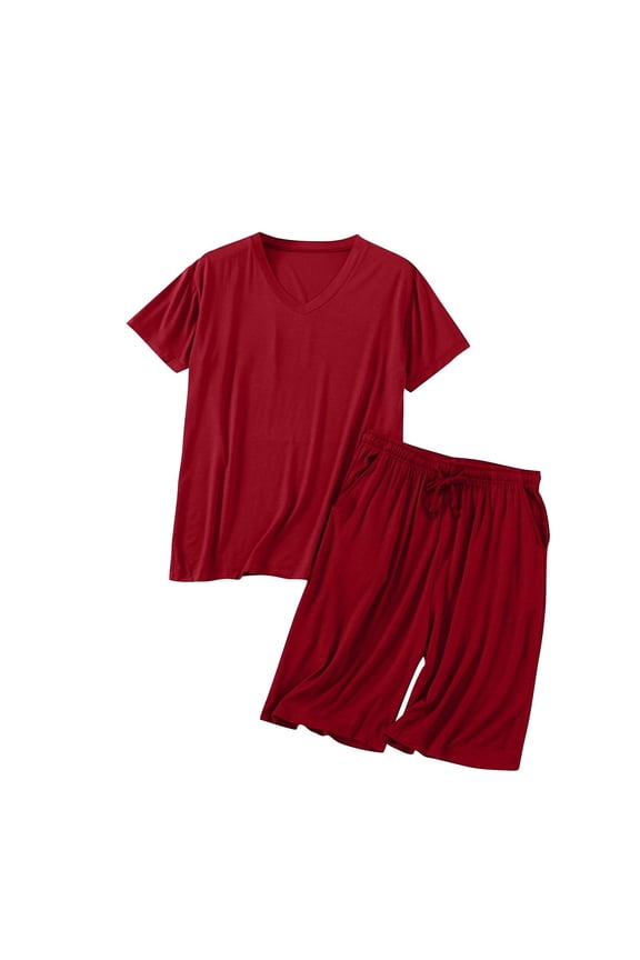 Mens Pajamas Set, Men Fashion Solid Pajama Casual V Neck Short Sleeve Sleepwear Sets Wine L