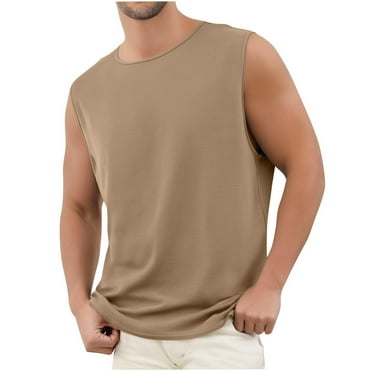 Summer Savings! Loopsun Mens Summer Top, Tank Top for Men, Men's Cotton Casual Crew Neck Tshirts Sleeveless Blouses Shirts Khaki L