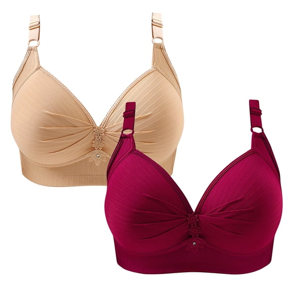 Loopsun Plus Size Bras for Women, 2PC Ladies Traceless Comfortable No Steel Ring Breathable Gathering Bra Woman Underwear Wine 46/105BC