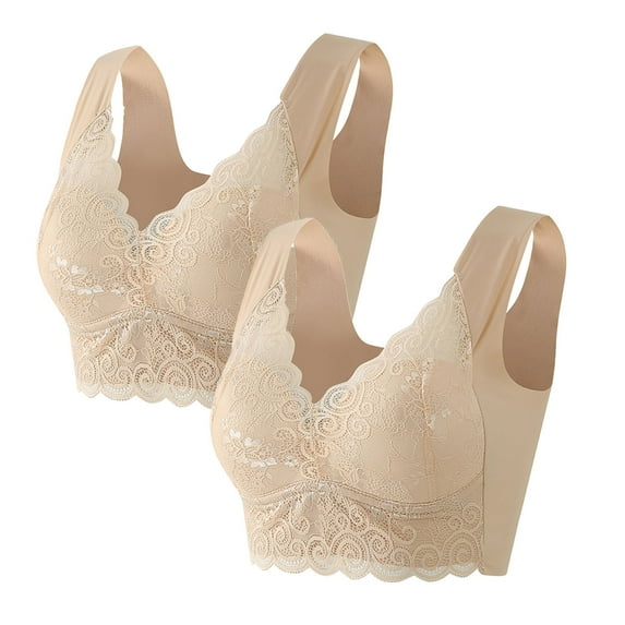 Loopsun Plus Size Bras for Women, 2PC Fashion Womens Lace Beauty Back Solid Strap Wrap Plus Size Bra Underwear Khaki L