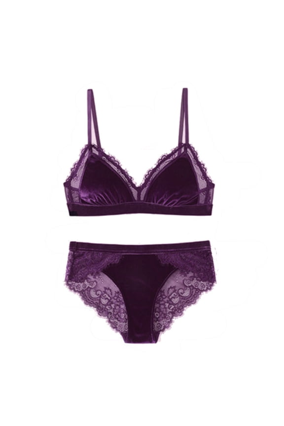 Plus Size Bras for Women, Women Lace Splicing Velvet Strapless Hollow Out Thin Underwear with Suit Purple M