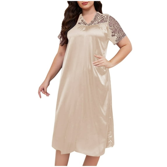 Loopsun Plus Size Nightgowns for Women, Womens Summer Short Sleeve V Neck Solid Color Lace Homewear Sleepshirt Beige XXL