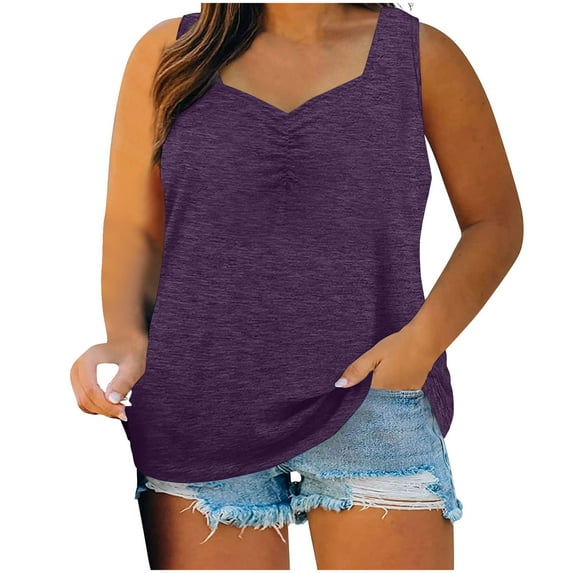 Summer Savings! Loopsun Plus Size Tank Top for Women, Women's Fashion Solid Color Sleeveless V Neck Loose Tank Top Purple A