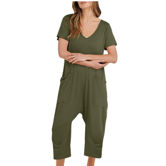Loopsun Womens Pants, Fashion Women Casual Short Sleeve Jumpsuit Solid Jumpsuits Wide Pocket Leg Pant Army Green XL
