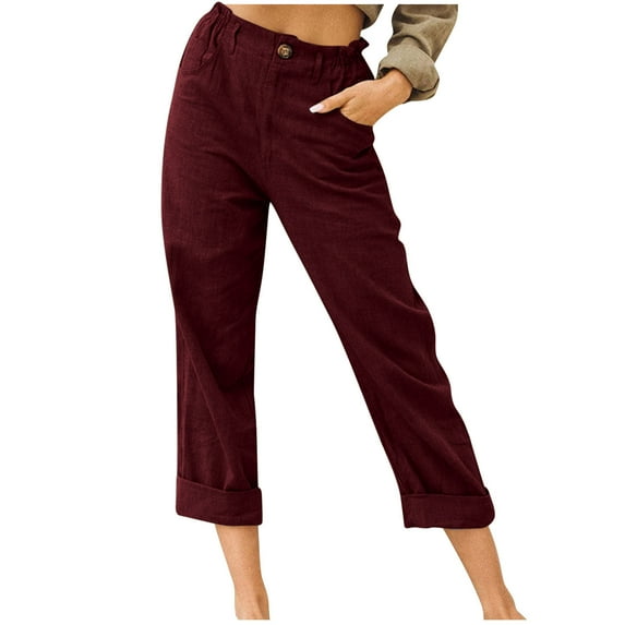 Loopsun Womens Pants,Wide Leg Pants, Women Casual Solid Color Pockets Buttons Elastic Waist Comfortable Straight Pants Wine 3XL