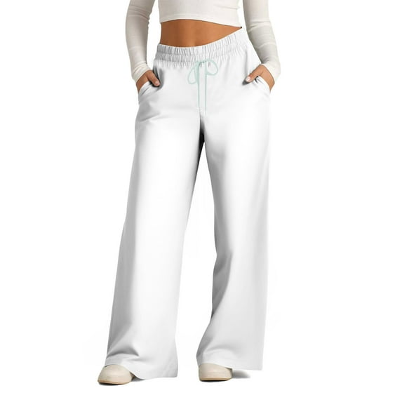 Loopsun Plus Size Womens Pants, Wide Leg Pants for Women, Women's Fashionable Solid Drawstring Wide Leg Pants White XXL