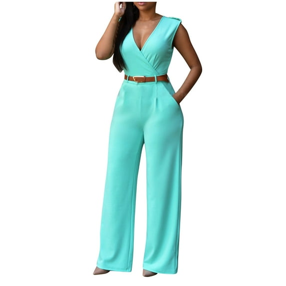 Loopsun Plus Size Womens Pants, Womens Solid Color Pocket Casual Sleeveless Long Pants High Waisted V-neck Wide Leg Pants Jumpsuit Light Blue XL