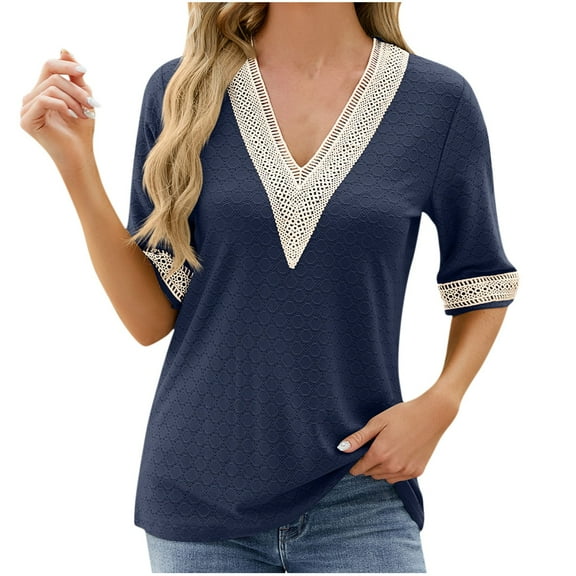 loopsun Plus Size Tops for Womens,Womens Summer Tops,Women's Fashion Casual Solid Color Short Sleeve V-Neck Blouses Shirts Navy XXL