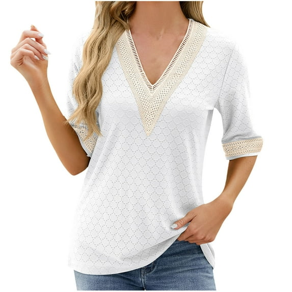 loopsun Plus Size Womens Tops, T Shirts for Women, Women's Fashion Casual Solid Short Sleeve V Neck Blouses Shirts White XXL