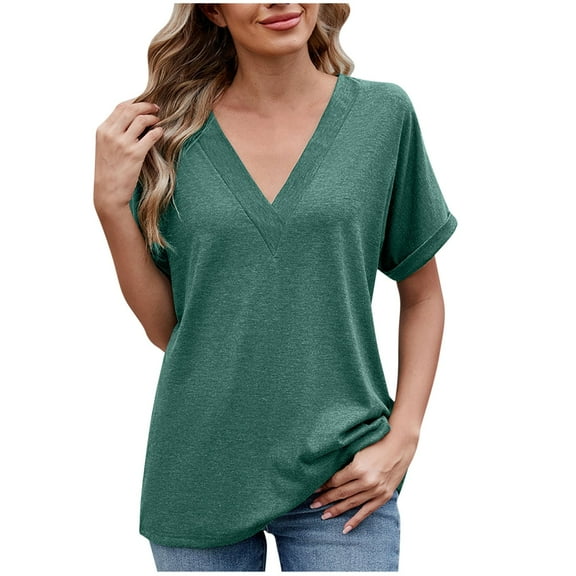 Loopsun Plus Size Womens Tops, T Shirts for Women, Women's Fashion Casual Summer Solid V Neck Loose Short Sleeve T-Shirt Top Green XXL