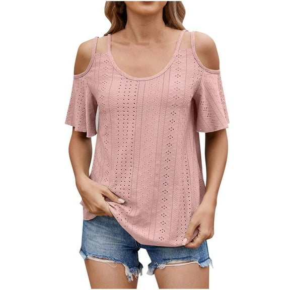 Loopsun Plus Size Womens Tops, T Shirts for Women, Women's Fashion Solid Double Shoulder Round Neck Short Sleeve Shirt Top Pink XXL