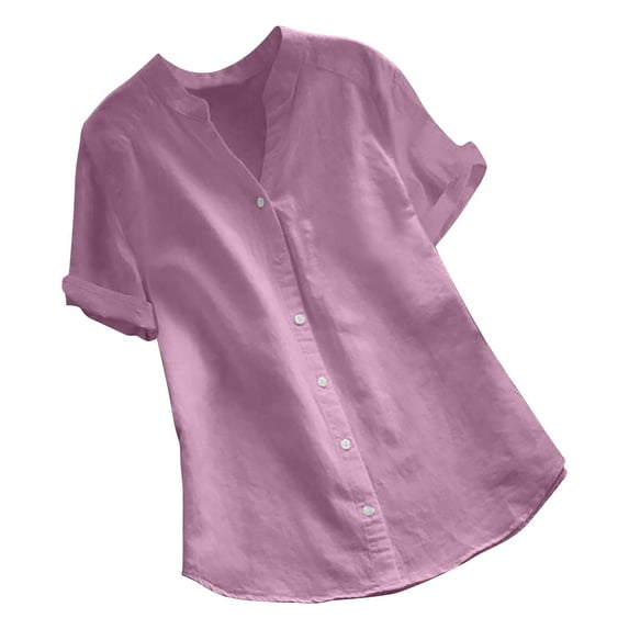 Loopsun Plus Size Womens Tops, T Shirts for Women, Women's Solid Short Sleeve V Neck Cotton And Linen Button Up Shirt Top Pink XXL