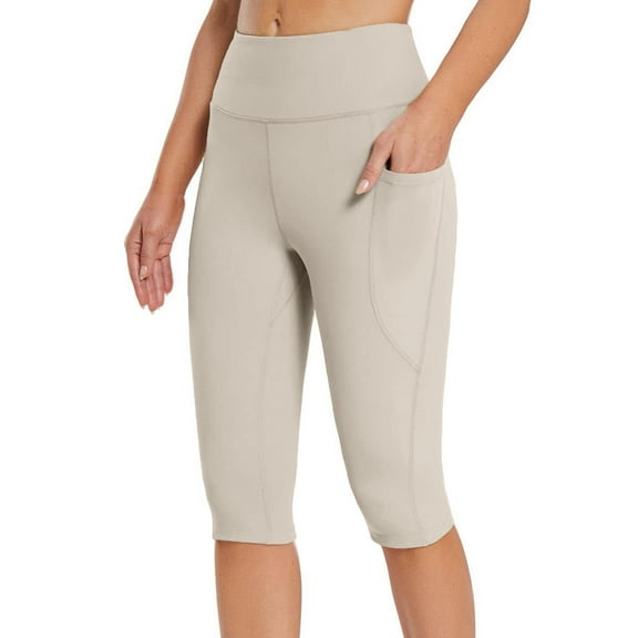 Loopsun Shorts for Women, Women's Casual Summer Knee Length Leggings High Waisted Yoga Workout Exercise Capris with Pockets Khaki L