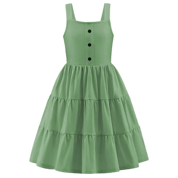 Loopsun Toddler Girls Dress, Summer Dresses for Girls, Children's Girls Summer Casual Solid Sleeveless Button Midi Dress Green 9-10 Years