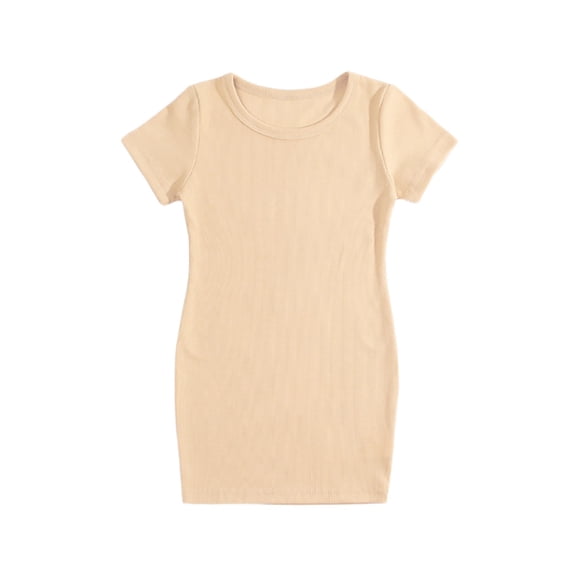 Loopsun Toddler Girls Summer Dresses, Kids Girl Summer Solid Short Sleeve Round Neck Dress Khaki 3 Years