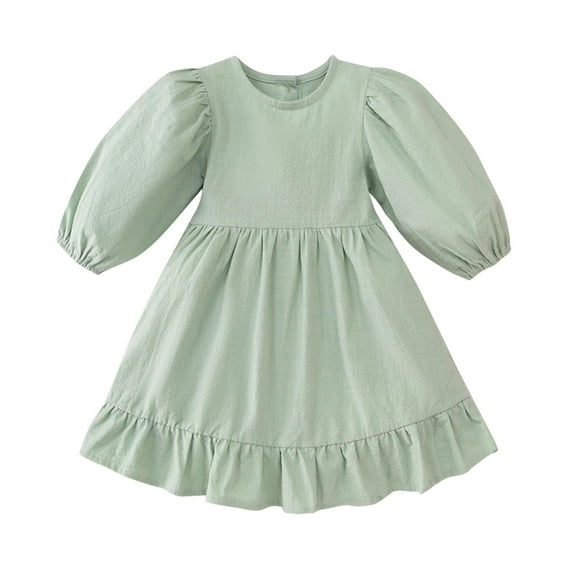Summer Savings Clearance 2025! Loopsun Toddler Girls Summer Dresses, Summer Girls' Solid Long Sleeve Round Neck A-line Dress Princess Dress Green 5-6 Years