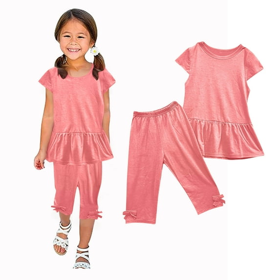 Loopsun Toddler Girls Summer Sets, Fashion Girls' Casual Short Sleeve Round Neck Tops and Long Pants Sets Pink 9-10 Years