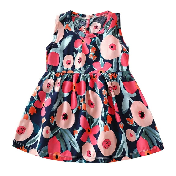 Loopsun Toddler Summer Dresses, Girl's Sleeveless Printed Dress Fashionable and Princess Dress Breathable Comfortable Dress Dark Blue 8-9 Years