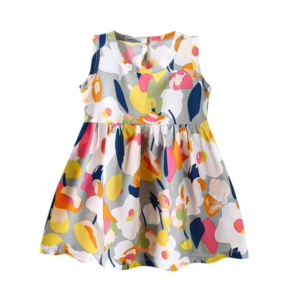 Loopsun Toddler Summer Dresses, Girl's Sleeveless Printed Dress Fashionable and Princess Dress Breathable Comfortable Dress Orange 2-3 Years