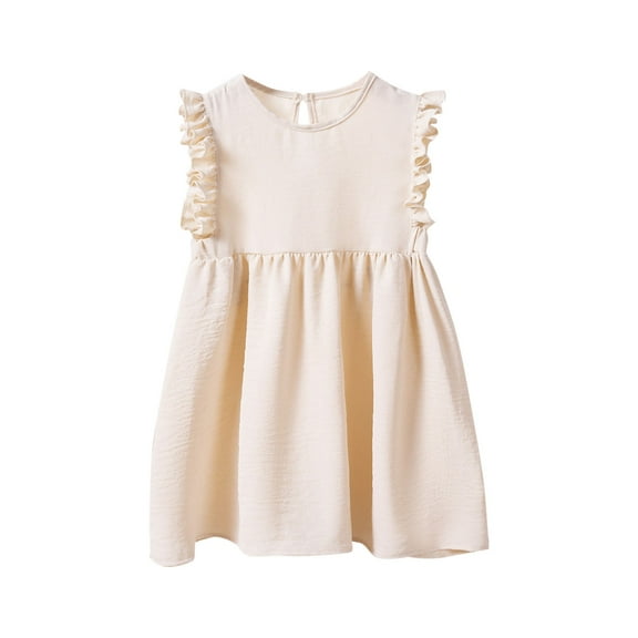 Loopsun Toddler Summer Dresses, Girls' Summer Short Sleeve Crew Neck Solid Princess Dress Beige 3-4 Years