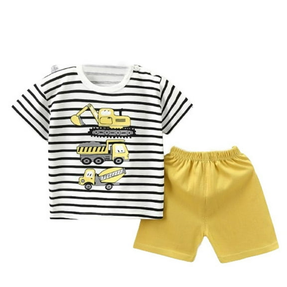 Loopsun Toddler Summer Sets, Boys and Girls Summer Printed Round Neck Short Sleeve and Shorts Set Yellow 18-24 Months