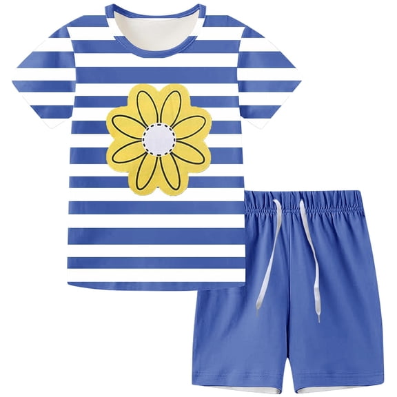 Loopsun Toddler Summer Sets, Children Casual Short Sleeve Shorts With Drawstring Home Print Sports Summer Two-piece Set Blue 4-5 Years