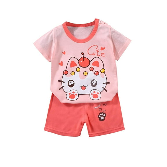Loopsun Toddler Summer Sets, Fashion Boys and Girls Casual Short Sleeve Tops Round Neck Printed Short Pants Sets Pink 3-4 Years