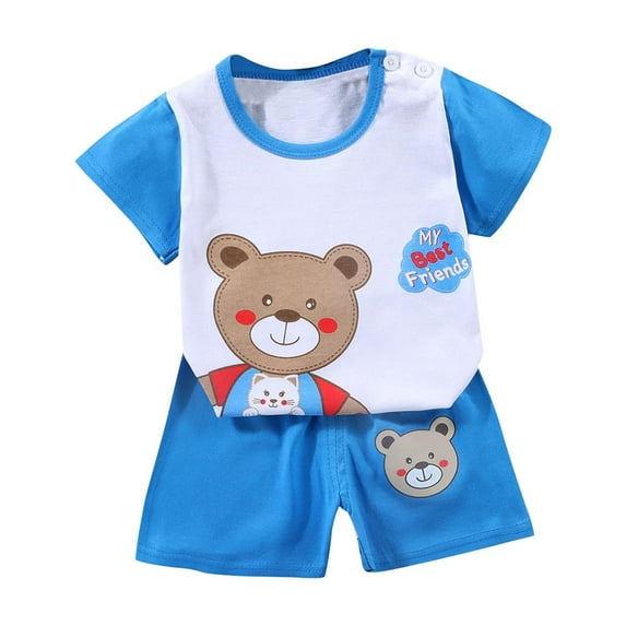 Loopsun Toddler Summer Sets, Fashion Boys and Girls Casual Short Sleeve Tops Round Neck Printed Short Pants Sets Sky Blue 5-6 Years