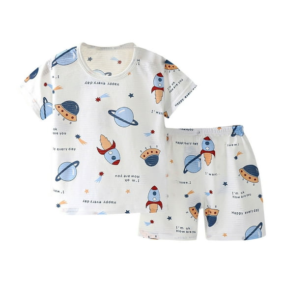 Loopsun Toddler Summer Sets, Fashion Boys and Girls Casual Short Sleeve Tops Round Neck Printed Short Pants Sets White 5-6 Years
