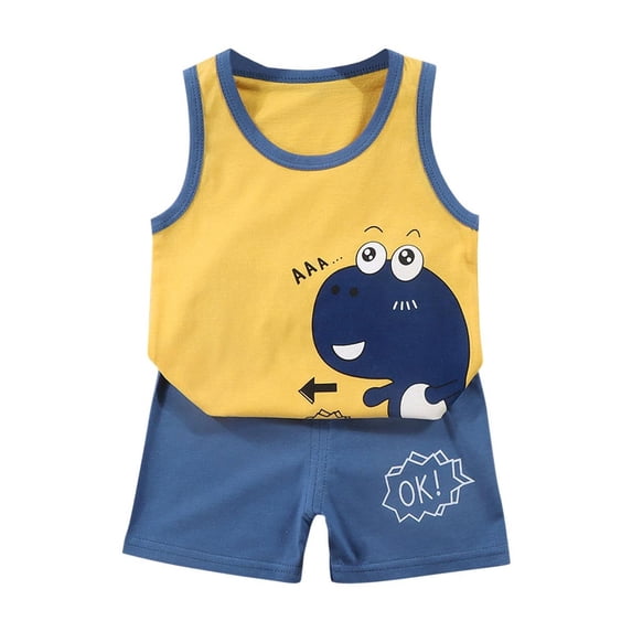 Loopsun Toddler Summer Sets, Fashion Boys and Girls Casual Sleeveless Tops Round Neck Printed Short Pants Sets Yellow 5-6 Years