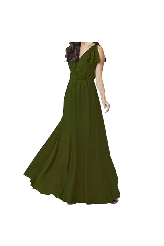 Womens Dresses Plus Size, Summer Dresses for Women, Womens Summer Solid V-Neck Evening Dress Sleeveless Waist Wrap Dress Army Green XXL