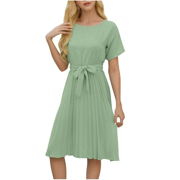 Loopsun Womens Dresses, Summer Dresses for Women, Fashion Women Solid Color Short Sleeve Round Neck Back Waist Lace Up Fold A-line Skirt Dress Green L