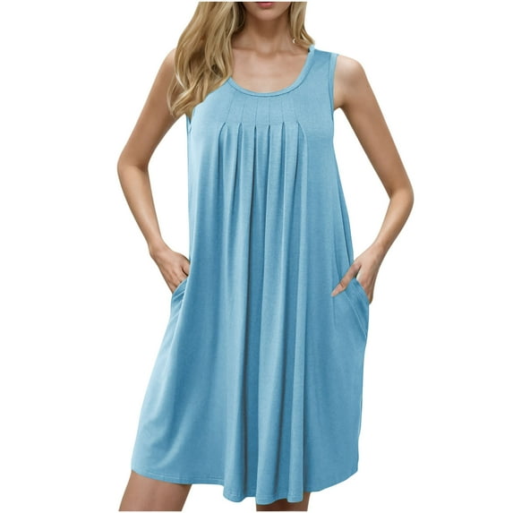 Summer Savings Clearance 2025! Loopsun Womens Dresses, Summer Dresses for Women, Women Nightgown with Pockets Sleep Shirts Sleeveless Sleepwear Pleated Nightshirt Round Neck Nightdress Light Blue XL