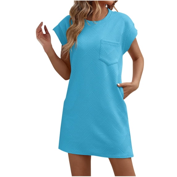Summer Savings Clearance 2025! Loopsun Womens Dresses, Summer Dresses for Women, Women's Fashion Solid Color Pocket Short Sleeve Round Neck Dress Blue XL
