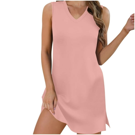 Loopsun Womens Dresses, Summer Dresses for Women, Women's Summer Fashion Solid Color Sleeveless V-Neck Mini Dress Pink M