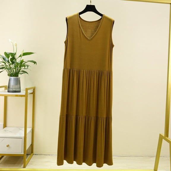 Loopsun Womens Pajamas Set, Summer Pajamas for Women, Womens Casual and Fashionable Pleated Solid Color Large Size Pajama Skirt Long Pajama Skirt Brown M