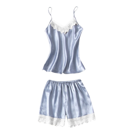 Loopsun Womens Pajamas Set, Summer Pajamas for Women, Womens Satins Silk Lace Nightwear Tank Tops Camisoles Shorts Two-Piece Pajamas Sets Homewear Gray XXL