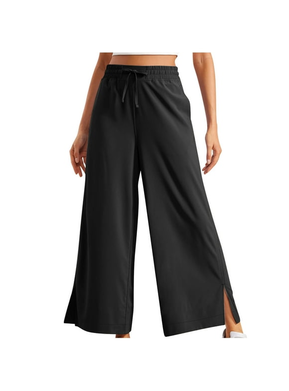 Summer Savings Clearance 2025! Loopsun Womens Pants, Wide Leg Pants for Women, Women Solid Elastic Waist Sports and Leisure Drawstring Pocket Slit Legs Long Pants Black L