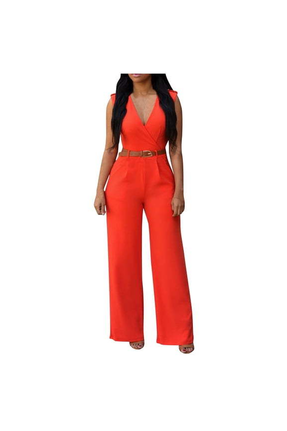 Plus Size Womens Pants, Womens Solid Color Pocket Casual Sleeveless Long Pants High Waisted V-neck Wide Leg Pants Jumpsuit Orange XXL